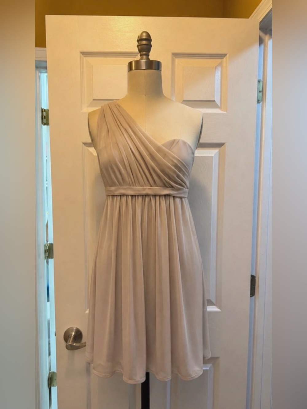 David's Bridal One-Shoulder Chiffon Dress in Light Taupe